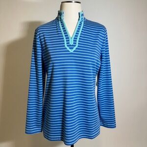 NWT Breckenridge Blue Green Striped V-Neck Blouse Womens Size Petite Medium PM